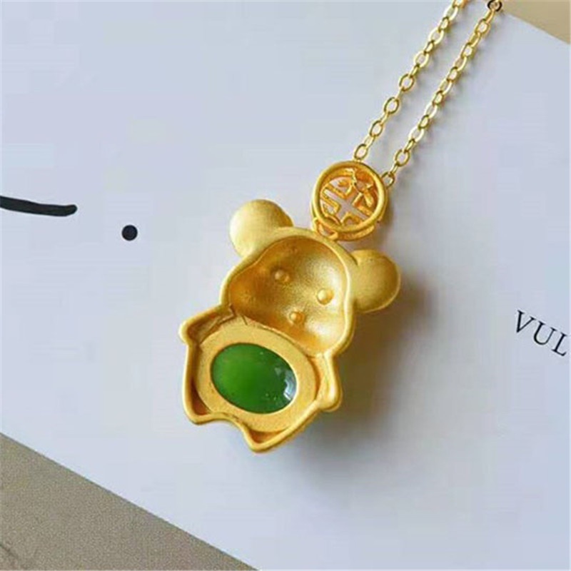 [Ready Stock]Fashion Gold-Plated Inlaid Jade Cute Mouse Color Pendant Necklace