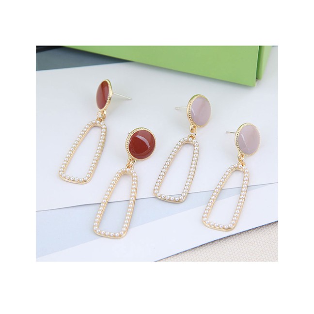 LRC Anting Tusuk Fashion Pink Pearl Drop Oil Geometric Alloy Earrings A61792