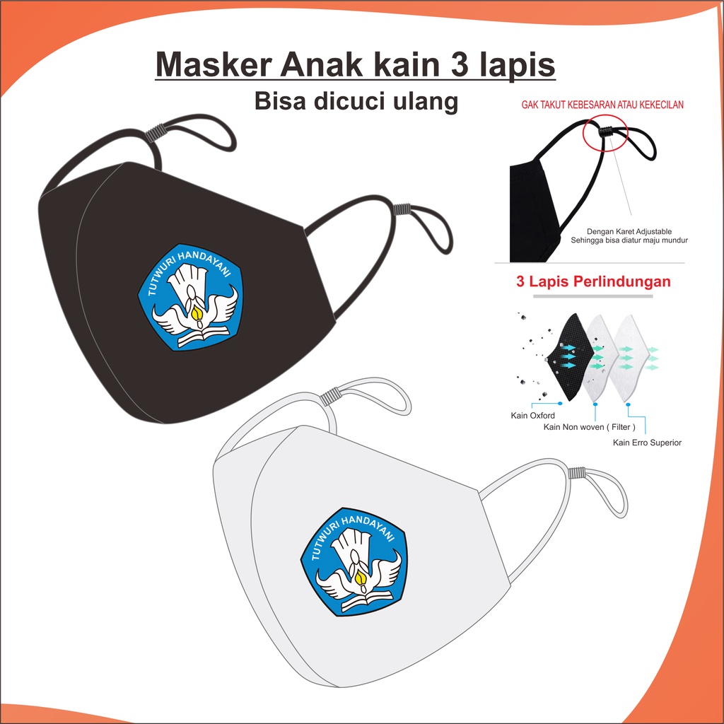 Masker Anak Bahan Kain 3 Lapis TK / SD Logo Tutwuri Handayani  Model Duckbill Adjustable Bisa Dicuci