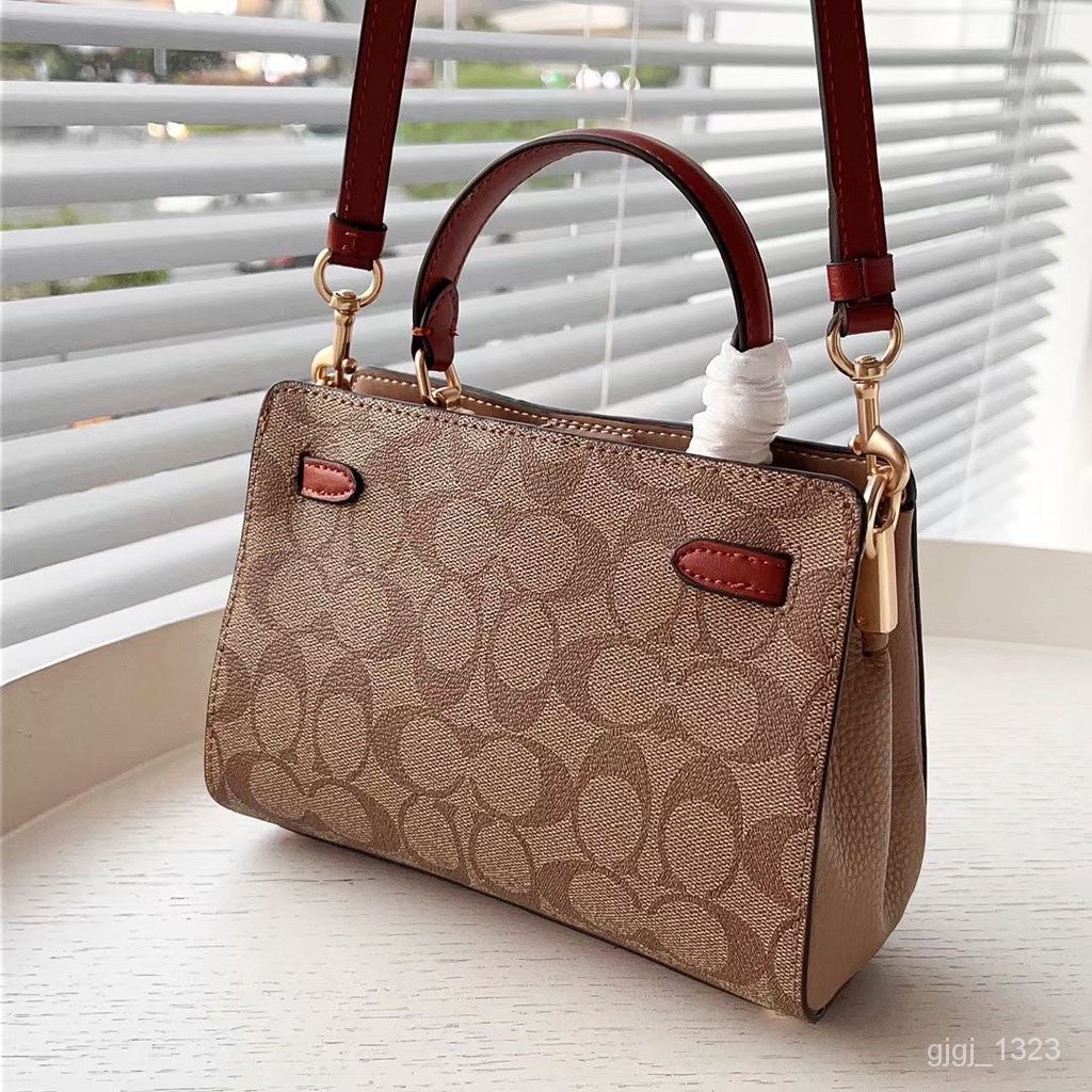 TAS WANITA SELEMPANG MINI LANE TOP HANDLE BROWN KHAKI WHITE LEATHER C8687