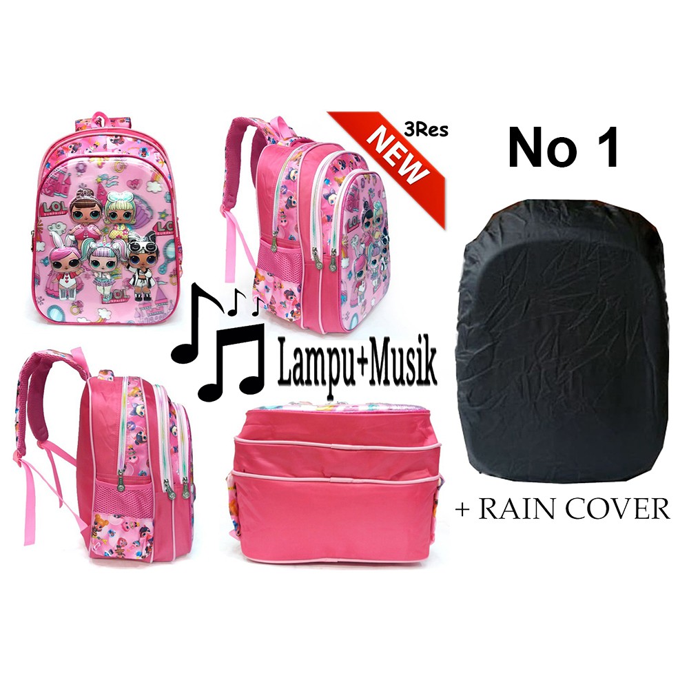 PROMO FREE RAIN COVER Ransel SD 16inch LAMPU DAN MUSIK 5D Timbul Hologram 3 Kantung Besar Import