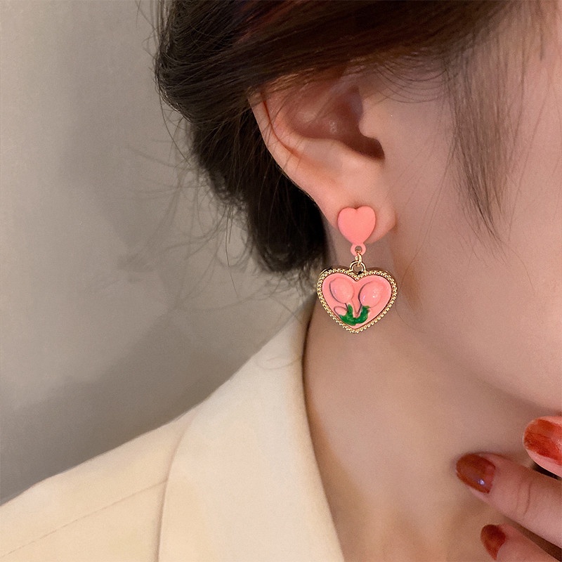 Anting Liontin Bentuk Bunga Tulip Warna Pink Gaya Retro