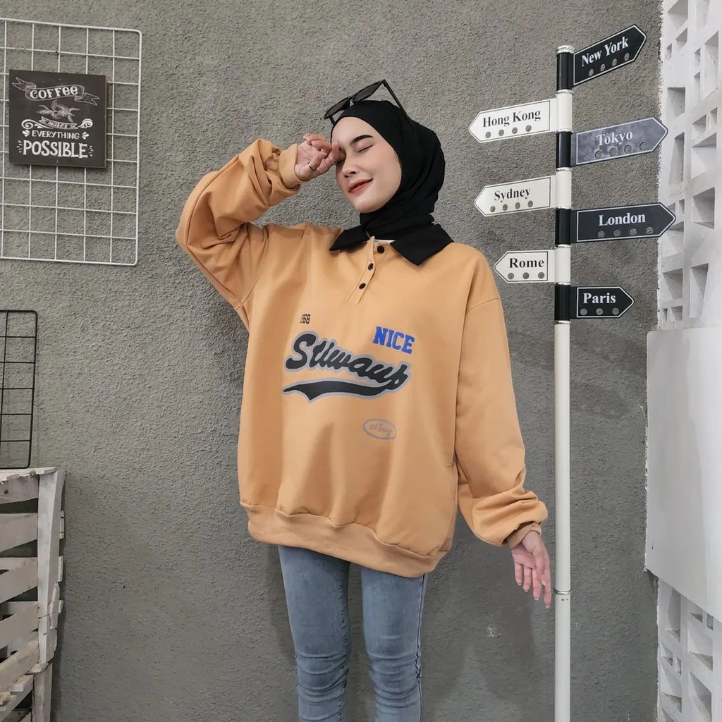 STIWAYS BUTTON COLAR 2XL Sweater Crewneck Berkerah Pria Wanita Oversize Atasan Switer Model Blouse Kekinian Outfit Kece Kasual Korean Style