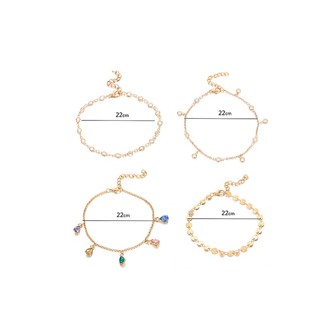 LRC Gelang Kaki Fashion Gold Alloy Disc Color Rhinestone 4 Layer Anklet D09309