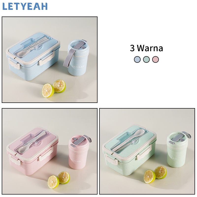 LetYeah Free Mangkuk sup 330ml lunch box set Jerami Gandum kotak makan/free Sendok/1500ml Kotak Bekal