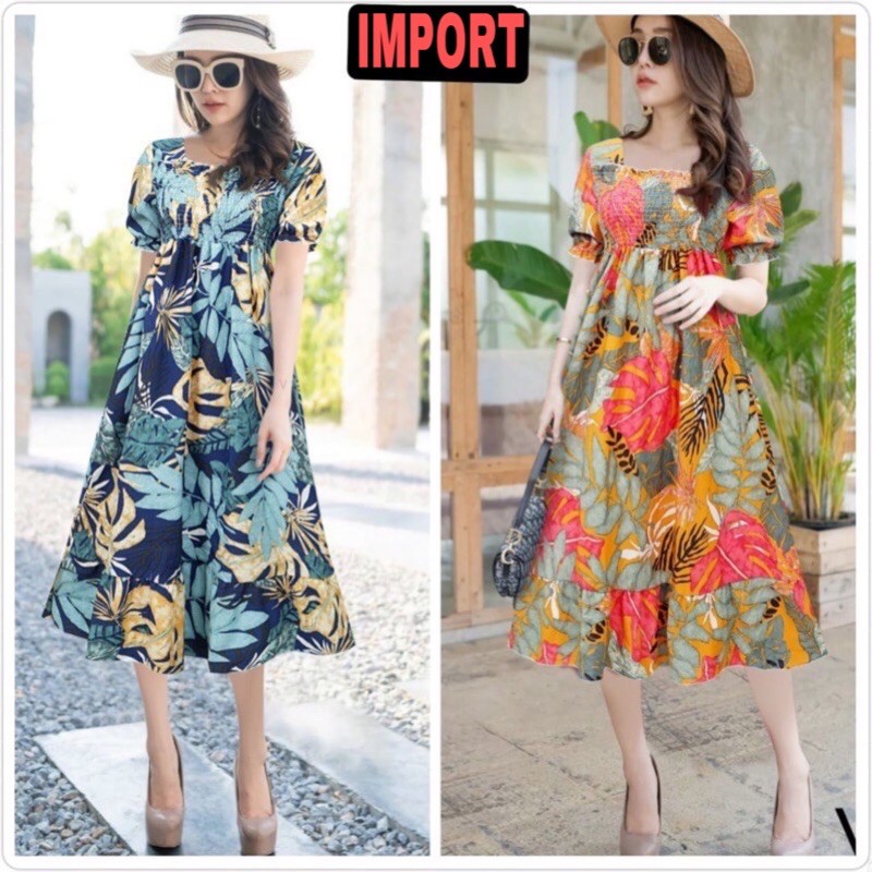 PAKAIAN PEREMPUAN DEWASA DRESS SMOKE KERUT DADA MOTIF FLOWER BUNGA BESAR IMPORT WANITA A2122-2