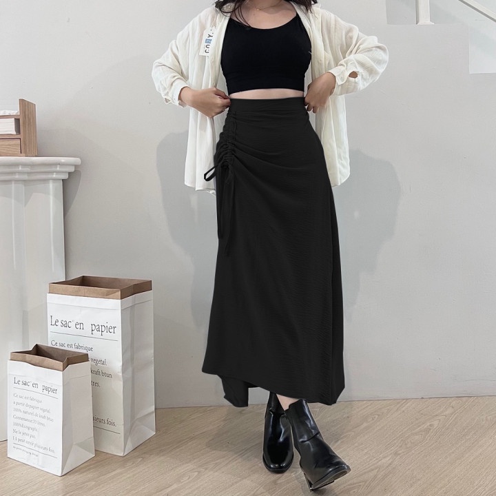 rok skirt korea/rok hitam panjang/rok wanita kekinian/Midi Maxi Skirt/Rok Serut Casual