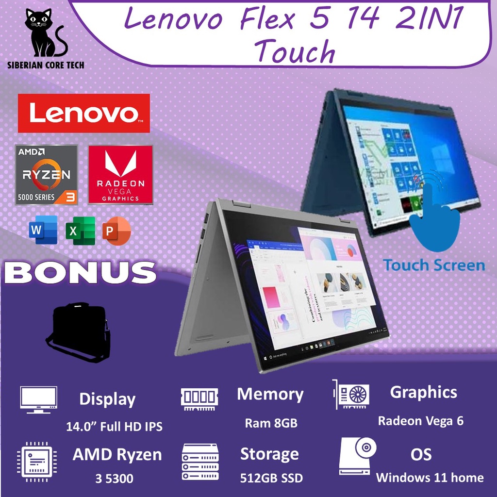 LENOVO FLEX 5 14 2IN1 TOUCH RYZEN 3 5300 8GB 512SSD W11+OHS 14.0FHD IPS BLIT PEN 2YR PREM+2ADP