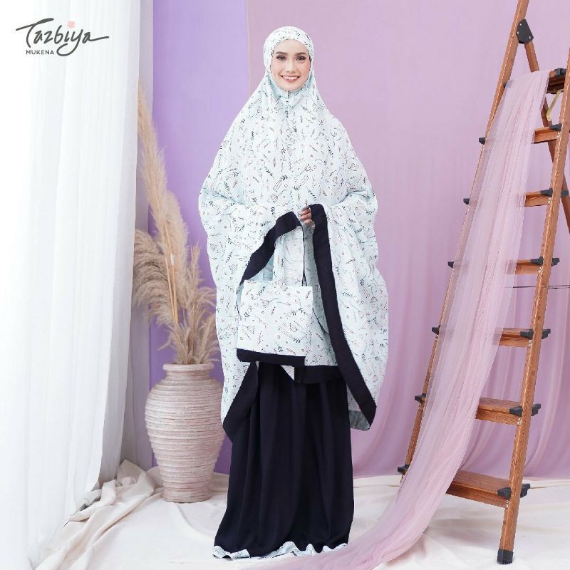 Mukena Tazbiya Angel Daisy Grey Blue Cream Jumbo Dewasa Katun Rayon Adem Motif Cantik Treveling