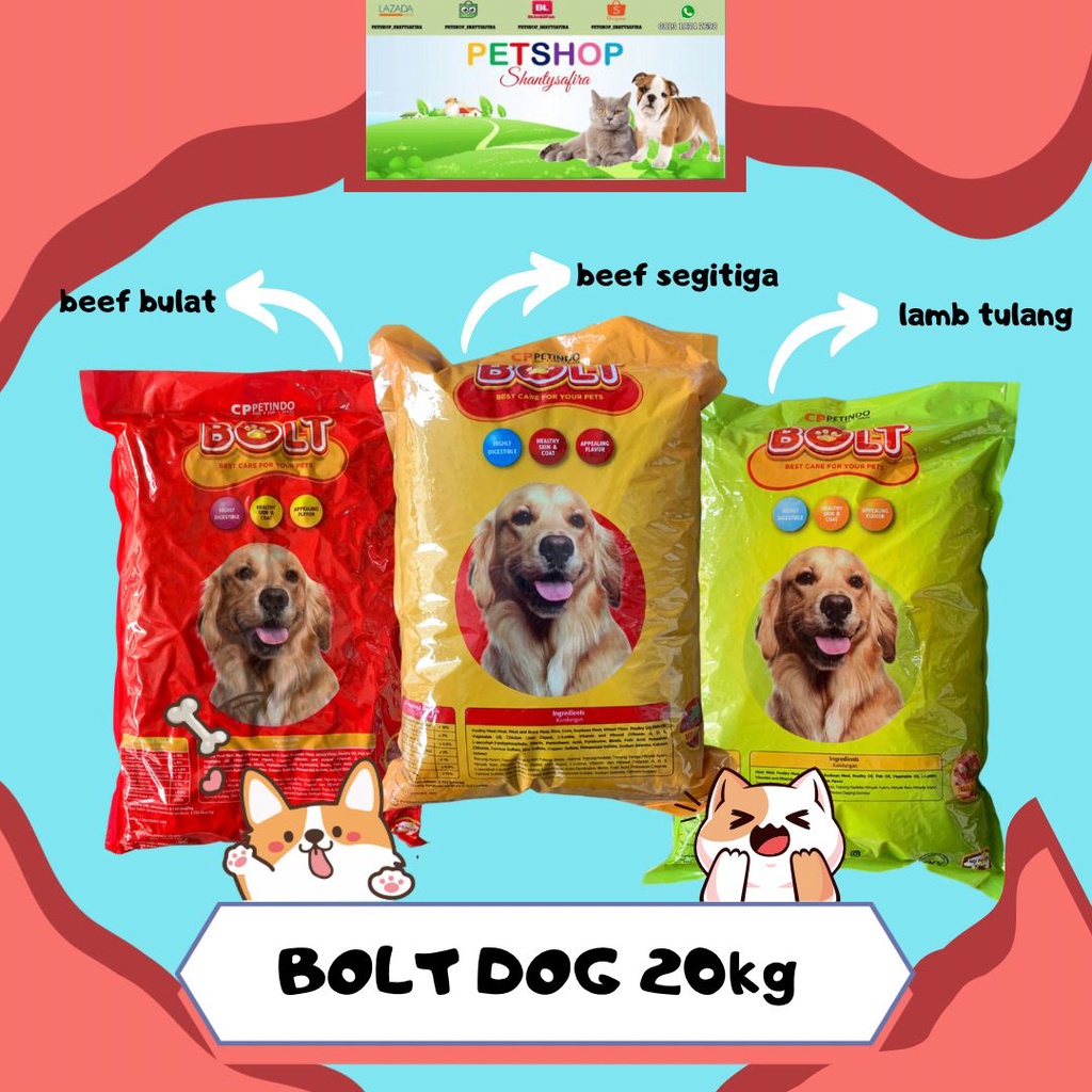 MAKANAN ANJING BOLT DOG FOOD 20 KG / 20KG FOOD DOG DRY LAMB / BEEF SEGITIGA / BEEF BULAT