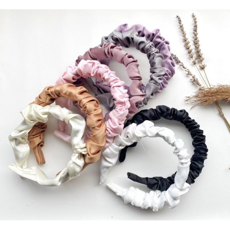 Bando Scrunchie Serut Satin Besar Korea Headband Ruffle Bandana Polos Wanita