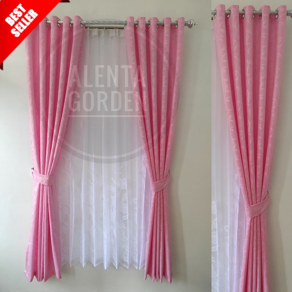 Gorden jendela minimalis pintu kamar motif bunga tirai gordyn smokring warna pink muda