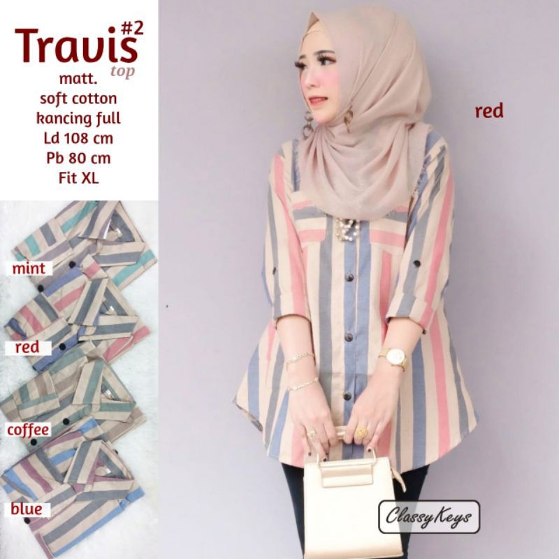 KEMEJA MOTIF GARIS ~ SIZE LD 108 ~ TRAVIS TUNIK MOTIF GARIS GARIS WANITA MUSLIM BAHAN KATUN SOFT