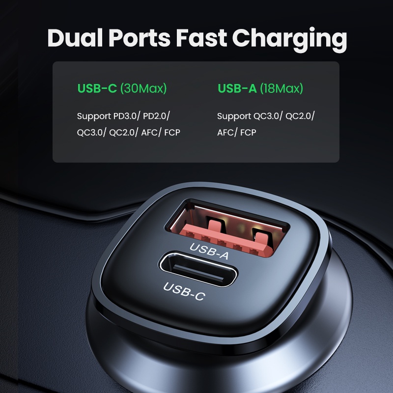 【Stok Produk di Indonesia】IPHONE Ugreen Charger Mobil USB 30W Quick Charge QC4.0 QC3.0 Tipe C PD Car Charging Kompatibel Untuk Iphone14 13 pro Max13/12/11/XS/XS Max/XR/X/8 /8 plus/7 plus XiaoMi Realme Kamera Mobil