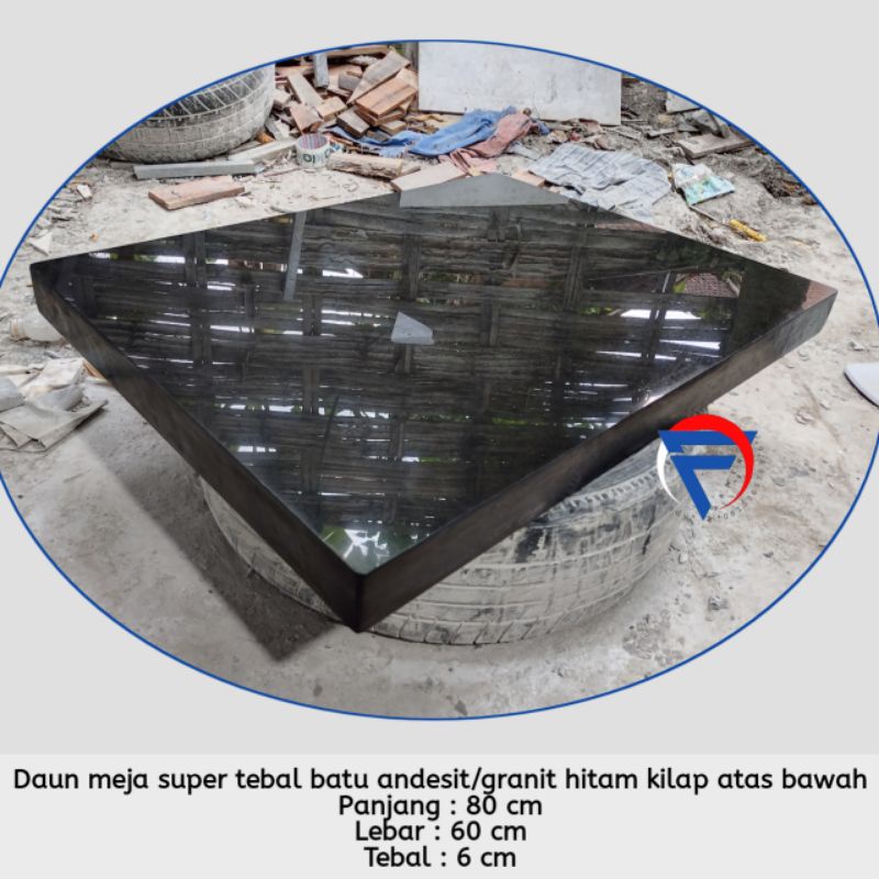 Daun meja batu andesit/granit hitam extra tebal kilap atas bawah 80x60