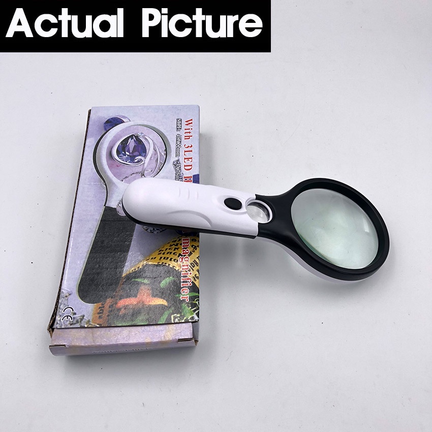 2in1 Kaca Pembesar Dengan Lampu 3 LED Magnifier Gelas Loop Magnifying Lup Zoom mata uang jewelry Baca 3X 45X 75mm 22mm