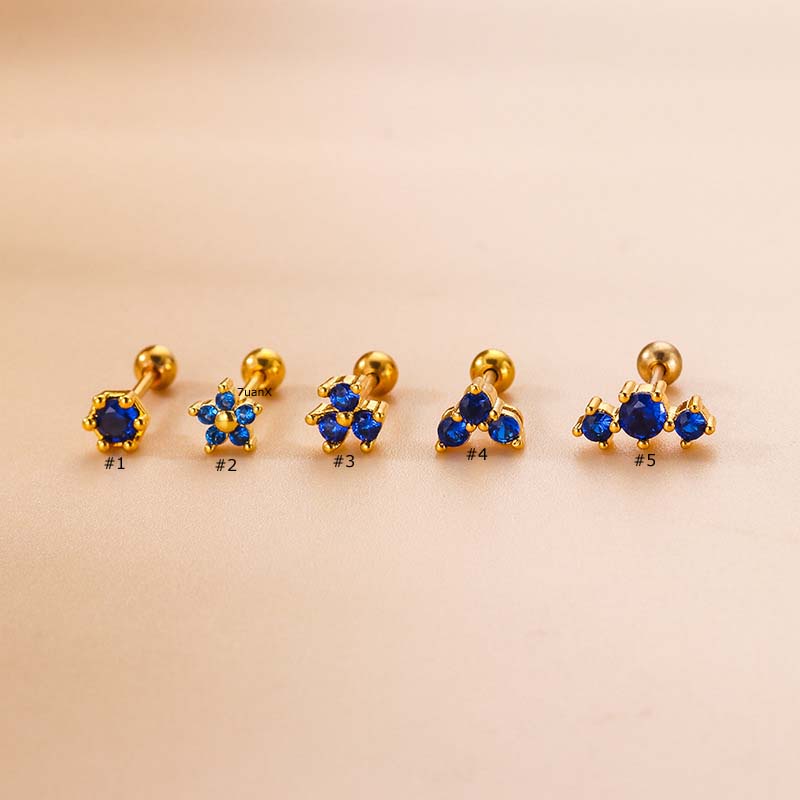 1pc Anting Tindik Tulang Rawan Telinga Desain Mahkota Bunga Hias Zirkon Biru Kerajaan Bahan Stainless Steel 20 Gage