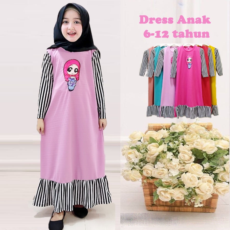 DRESS ANAK LOL SALIHAH REMPEL BAWAH GAMIS MURAH Usia 4-12 tahun CARLINA