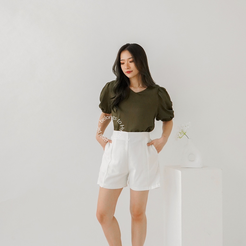 HYERIES Bomi top / Atasan Casual Wanita Korea / Vneck Puffy Sleeve Top / Atasan Lengan Balon / Blouse Wanita / Pakaian Polos Wanita