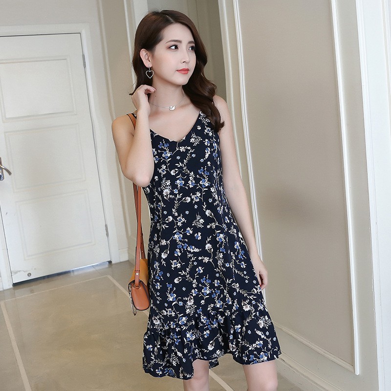 Dress Midi Tanpa Lengan Model Longgar dengan Motif Print, Gaya Korea