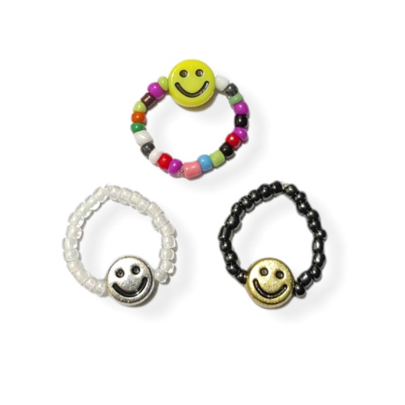 Cincin Elastis Mote Senyum Smile Bohemian Glass Beads Ring Fashion Accessories Emoji