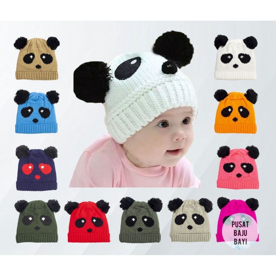 Topi Bayi Kupluk Rajut Premium Panda / Topi Rajut Pompom Panda / Topi Pompom Baby Boy Baby Girl Motif Panda