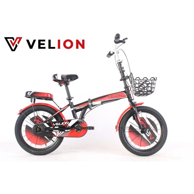Sepeda lipat anak cowok cewek Velion 16 inch perempuan laki keranjang boncengan murah termurah SNI-Red