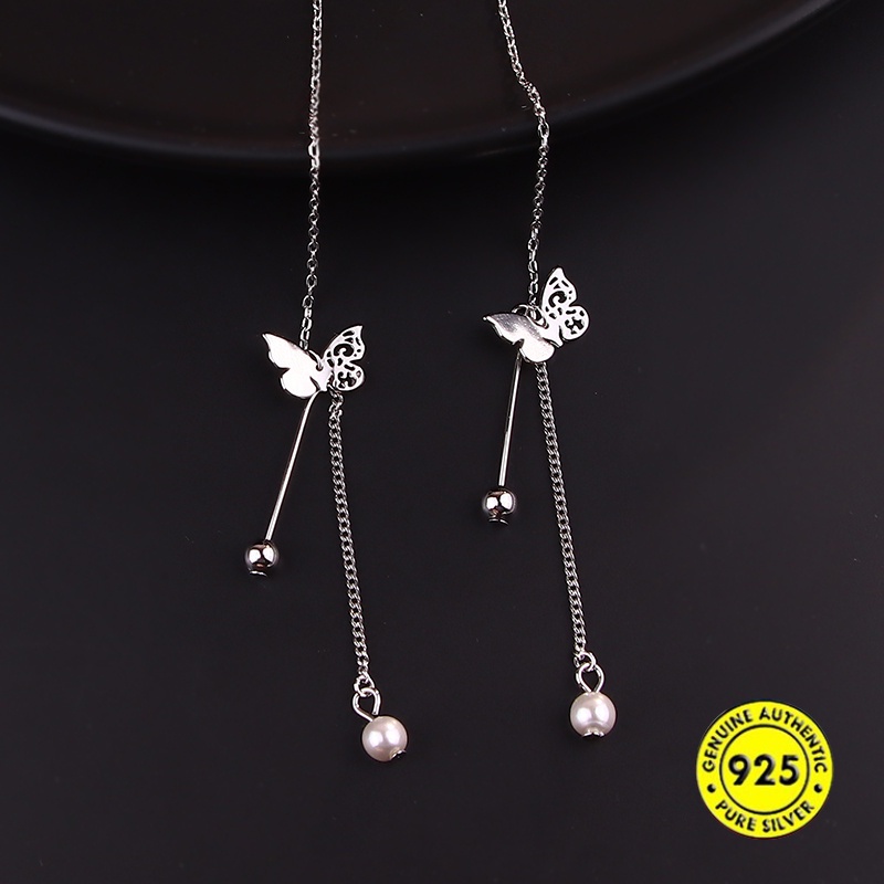 Anting Tusuk Gantung Bahan Sterling Silver 925 Desain Kupukupurumbai Hias Mutiara Untuk Wanita