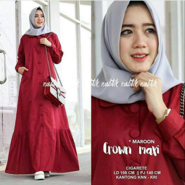Fashion Wanita: Long Dress Muslim Lengan Panjang dengan Kancing, Warna Polos