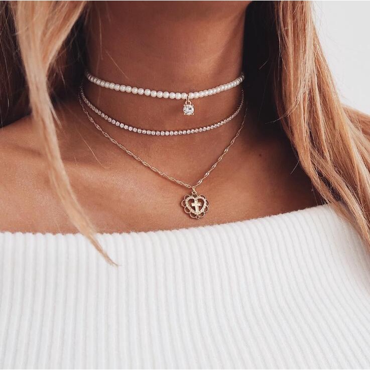AZ168 Kalung Rantai Multilayer Desain  Hati Aksen Mutiara Gaya Korea Retro Untuk Hadiah