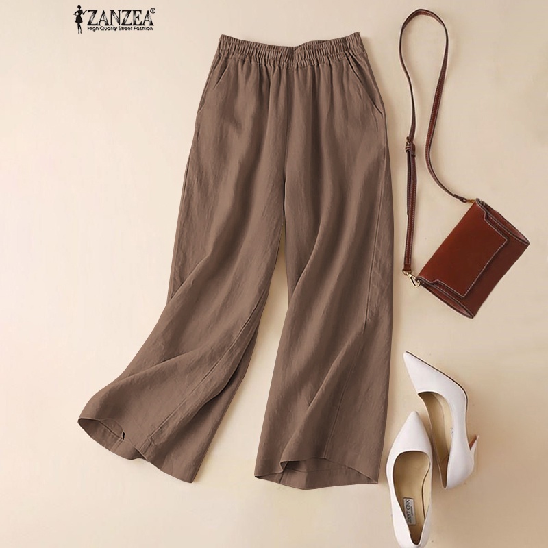 ZANZEA Women Elastic Waist Wide Leg Straight Long Pants Plus Size Pants