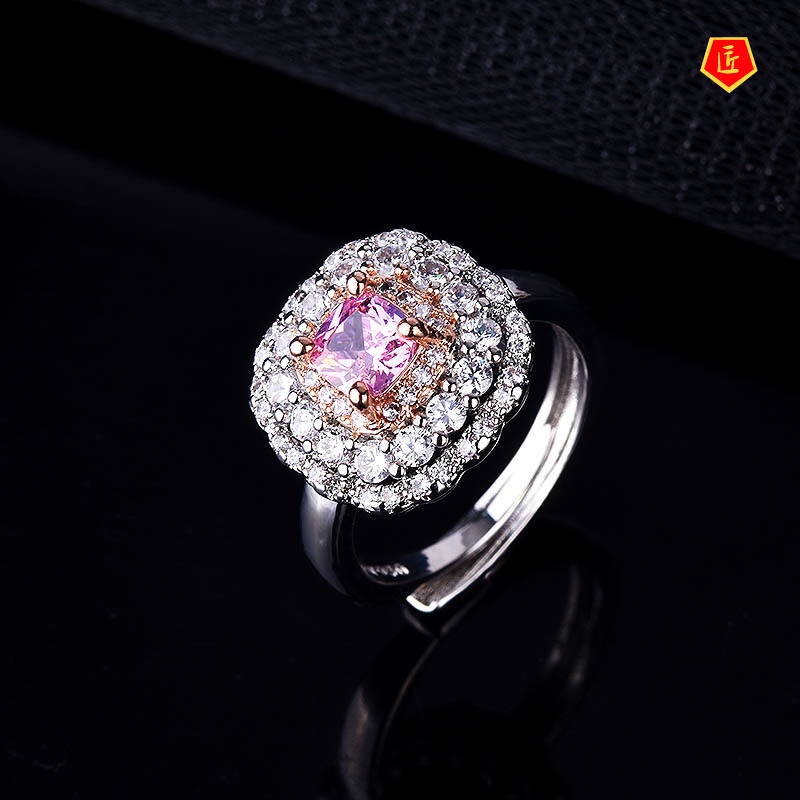 [Ready Stock]New Full Diamond Inlaid Pink Crystal Two-Tone Ring Luxury