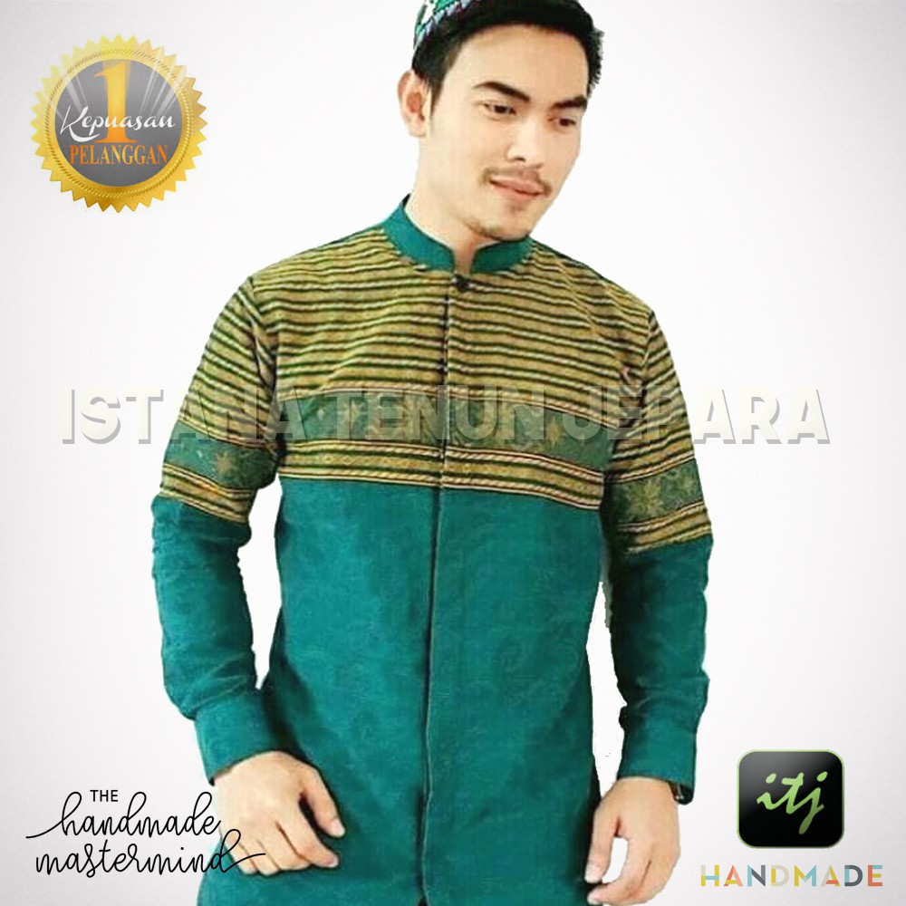 Baju Koko Pria Lengan Panjang Bahan Kain Tenun Baron Asli Troso Hijau