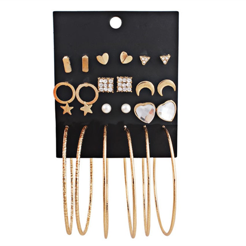 Set Anting Hoop 12 Pasang / Set Anting Tusuk Korea Hoops Berlian Bintang Bulan Hati Gaya Dalika