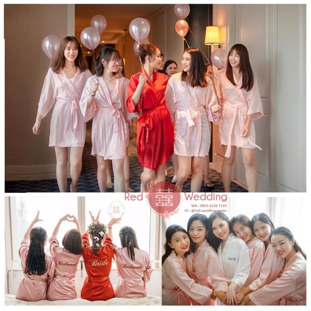 [BRIDESMAID] Gaun Kimono Bridesmaid Pengantin Wedding Day Bahan Satin Bridal Morning Robe dengan Bordir Tulisan Bridesmaid