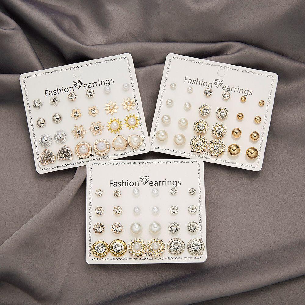 Lily 12pasang/Set Anting Stud Set Perhiasan Tindik Berlian Imitasi Geometris Sederhana