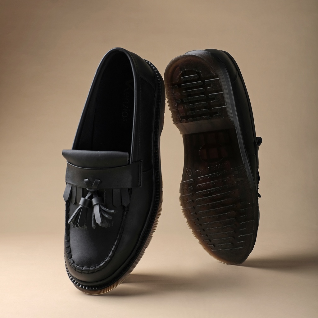 Gates Black Solid | Sepatu Kulit Asli Casual Matte Vintage Loafers Klasik Pria Cowok Slip On Original | FORIND x Kenzios