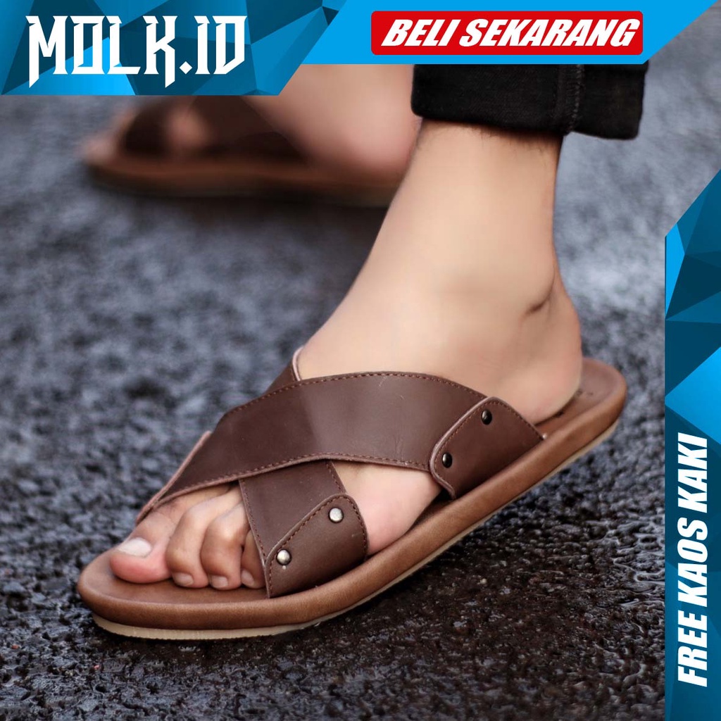 MOLK|Sandal Pria Kulit Asli Casual Kasual Santai Jalan Cowok Terbaru Sendal Pria Murah Footwear