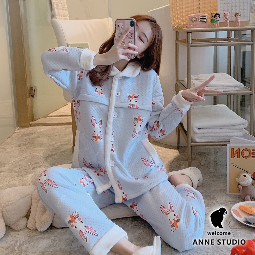 Set Piyama Model Kerah Lapel Dengan Celana Panjang Motif Kartun Warna Biru Dan Pink Untuk Ibu Hamil