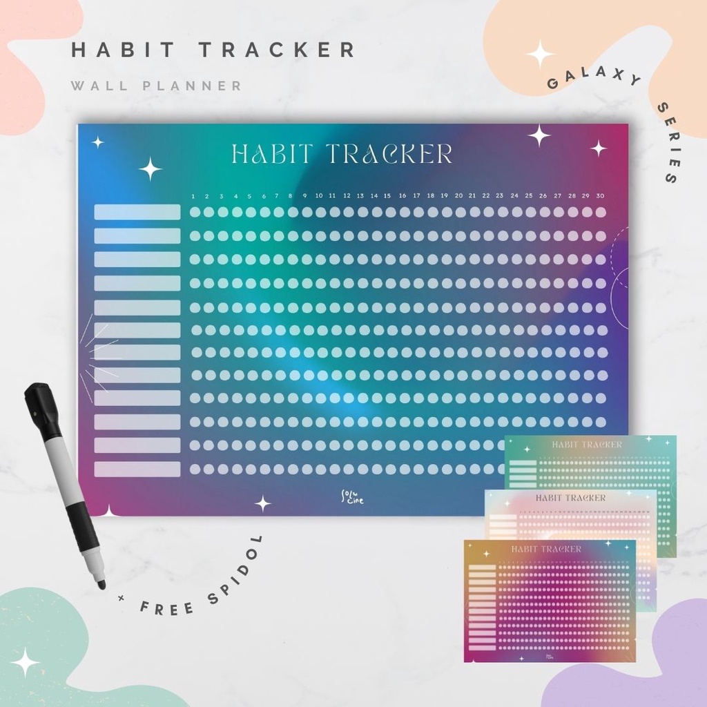 

Wall Planner Solucine - Galaxy Series (2) - Habit Tracker, Study Planner, Check list, Shopping List - Free spidol + Reuseable - A3 / A4