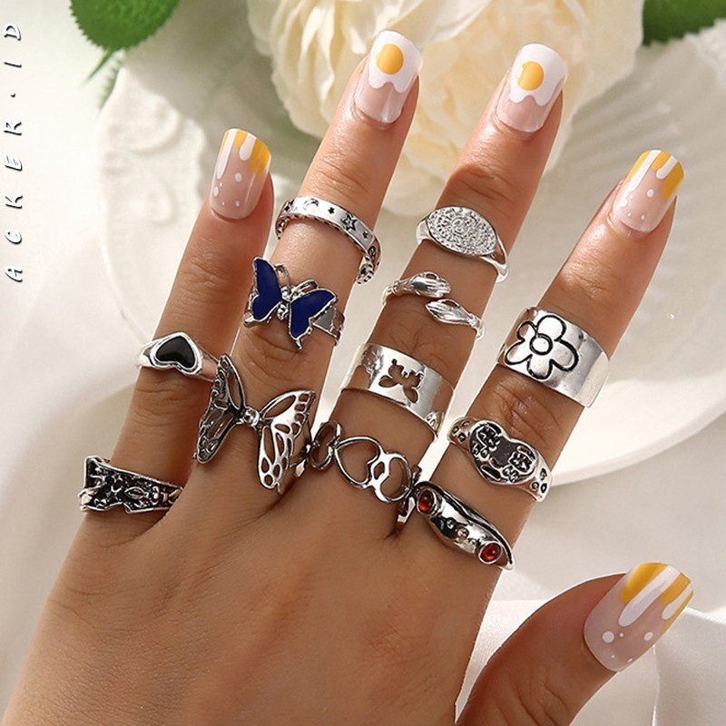 12pcs / Set Cincin Desain Hewan Butterfly Frog Love Aksen Batu Permata Warna-Warni Untuk Wanita