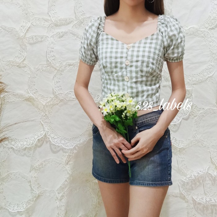 Blouse Kotak Kotak Wanita Crop Top Korea Jisoo Square Top - Hijau