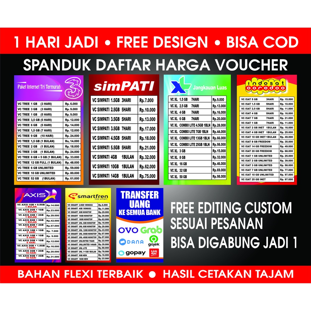 Jual SPANDUK DAFTAR HARGA VOUCHER ALL OPERATOR (FREE DESIGN) Indonesia