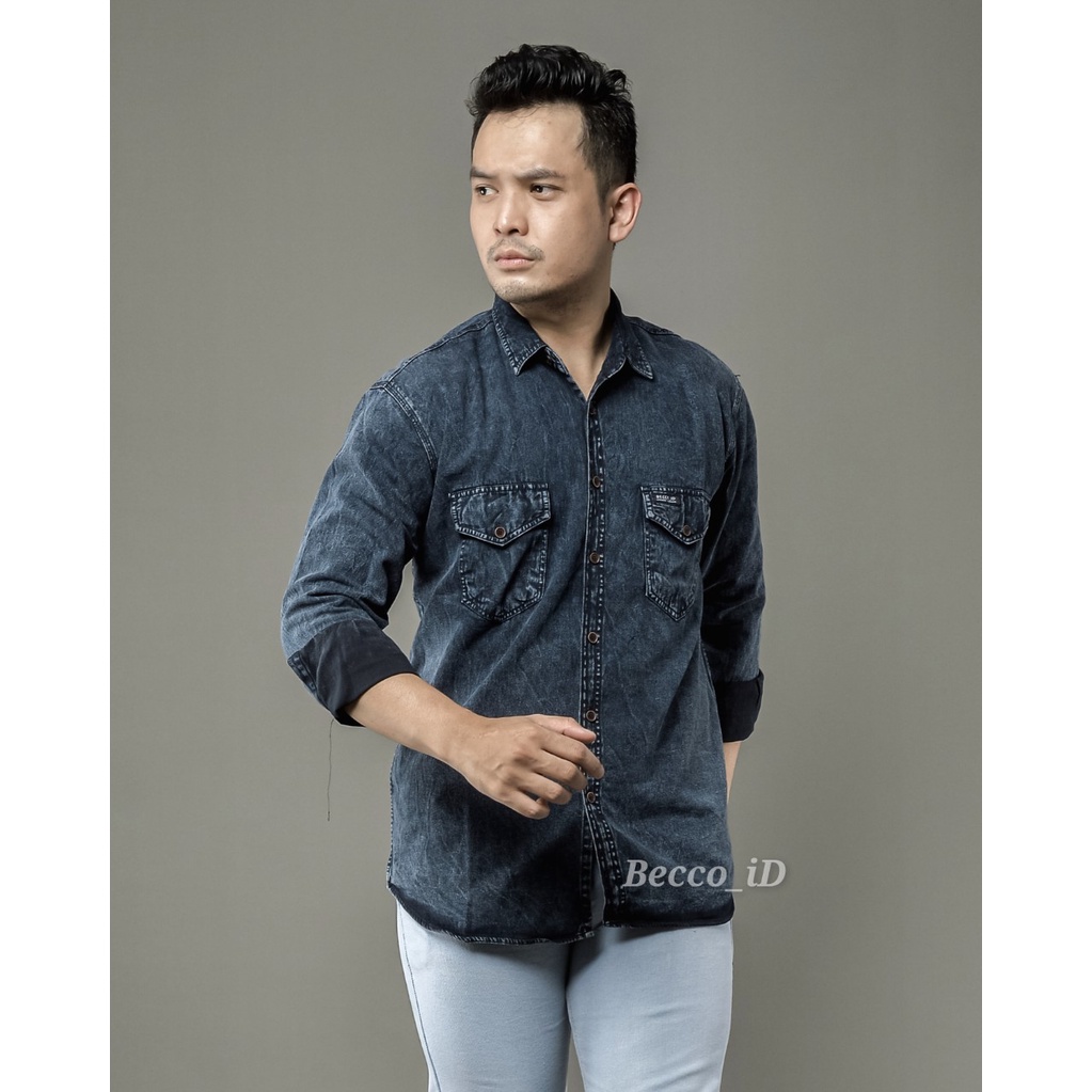 Kemeja Jeans Snow Panjang Original Basic Pria l Kemeja Polos  l Kemeja Kantoran Termurah