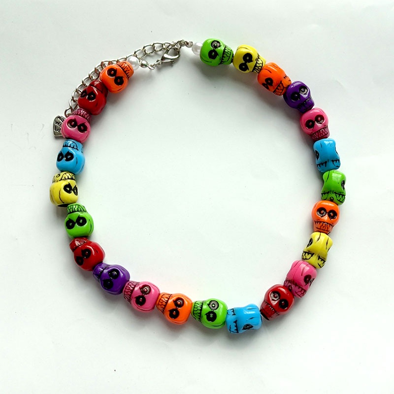 Harajuku gaya warna-warni tengkorak perhiasan akrilik hantu kepala manik-manik gelang/Kalung set Hal