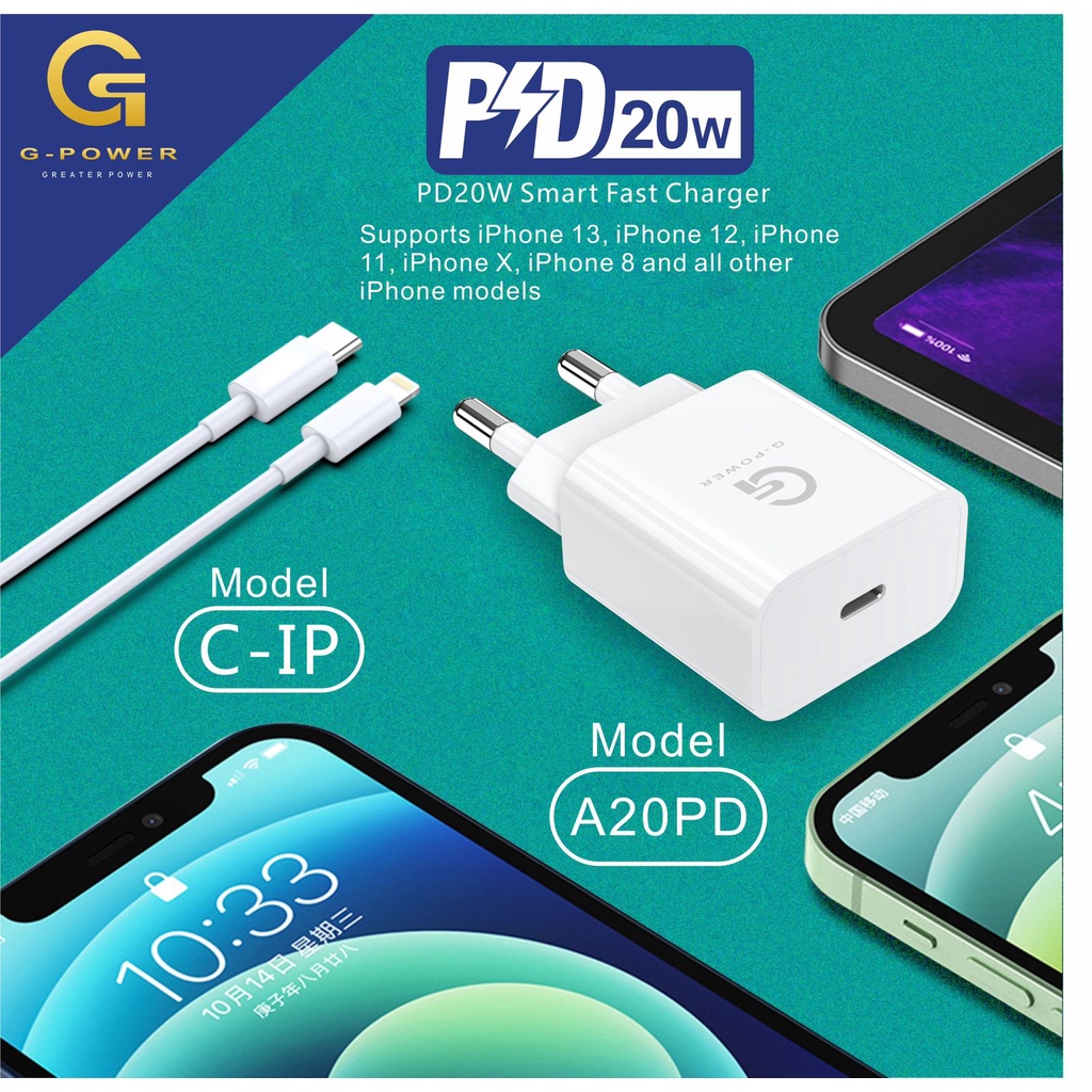 G-POWER Kabel Data iphone C - IP 20W Type C to Lightning iPhone Fast Charging PD IPHONE 8 Plus X Xs Xs Max 11 12 13 Pro Max