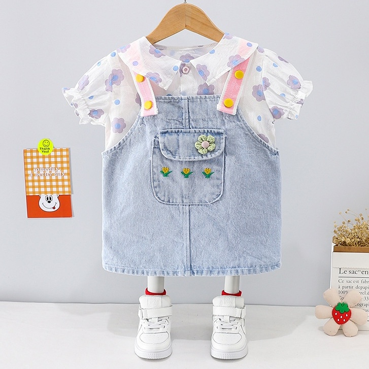 Baju Set 2pcs Overall Jeans ABEL Pakaian Anak Perempuan Balita Korean Style Import