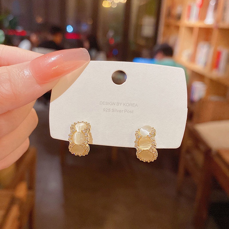 Anting Tusuk Sterling silver 925 Desain Geometri Hias Batu Opal Mewah Untuk Wanita