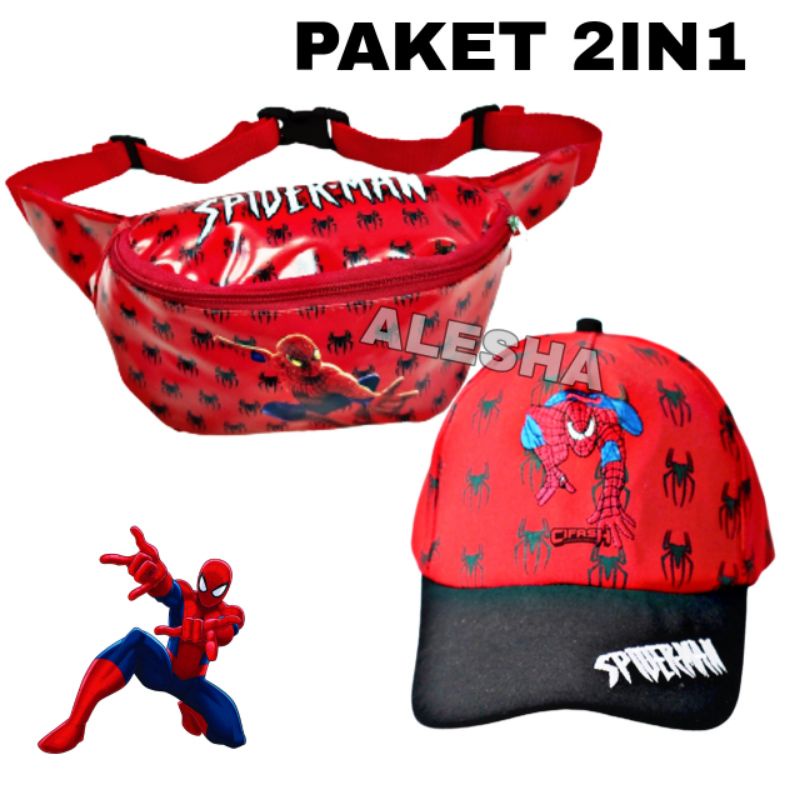 WAISTBAG ANAK,TAS SLEMPANG SPIDERMAN 2IN1 TOPI BORDIR