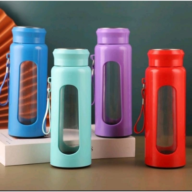 Jual Botol Minum Kaca Lapis Plastik Elegant/Botol Minum Tumbler 450ml ...